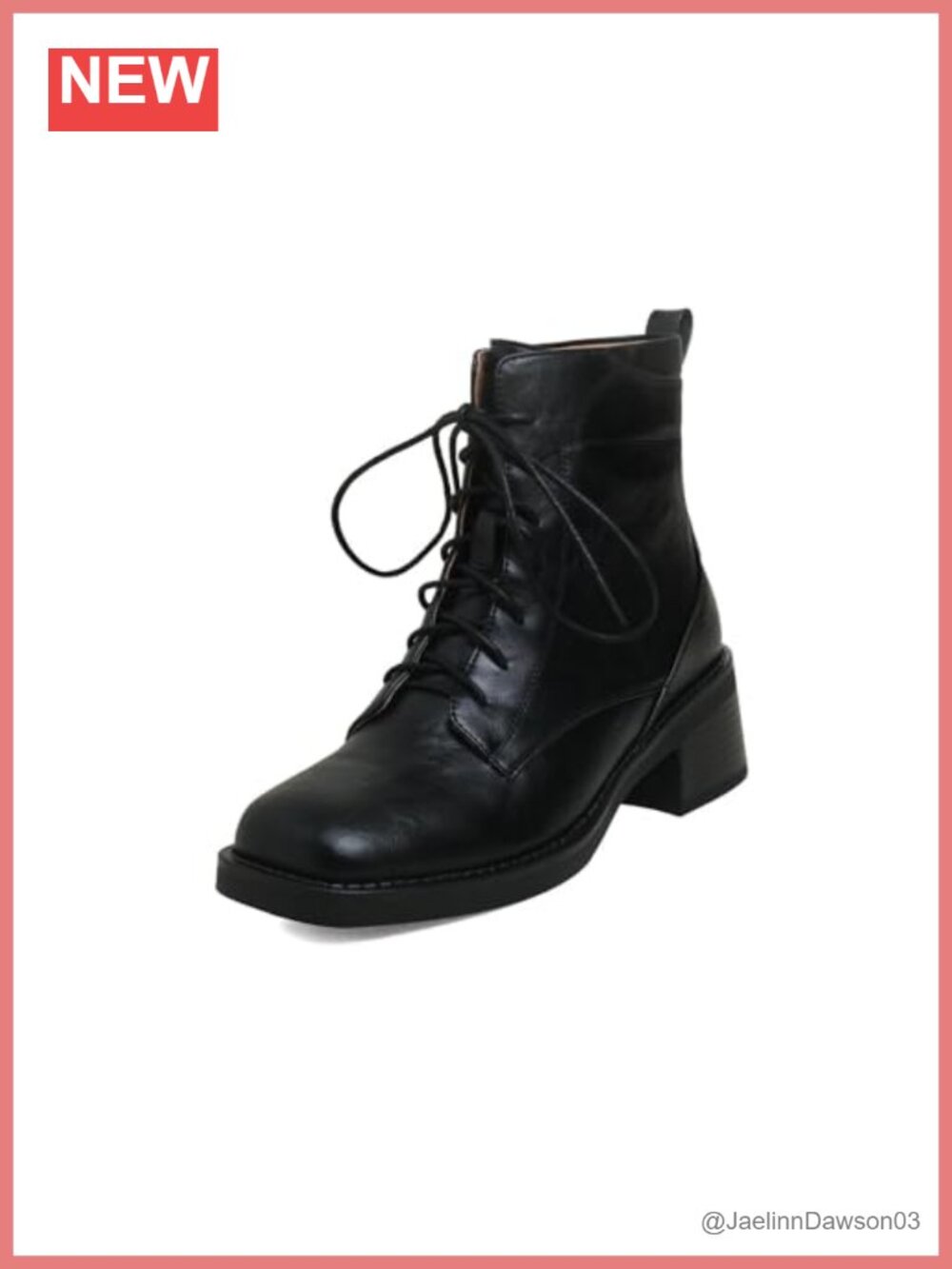 Women's Leather Ankle Combat Boots Square Toe Block Heel Lace-Up